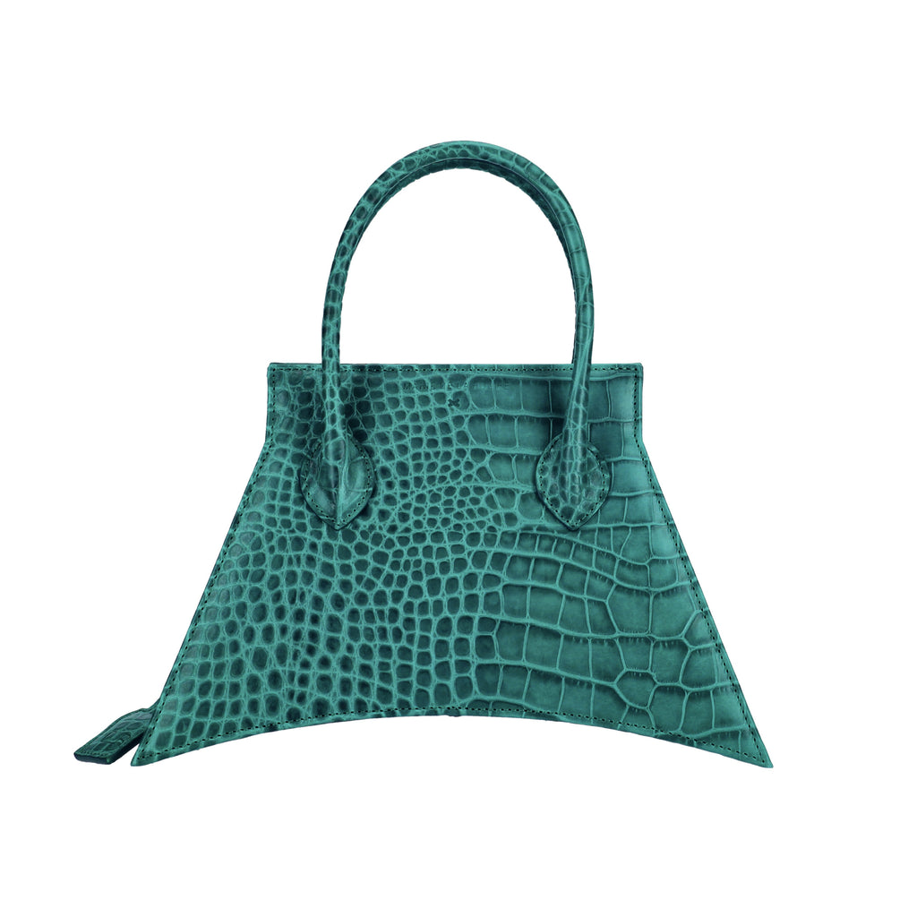 Italian suede leather with croc look and feel, MICRO BLANKET EMERALD CROC is a micro green bag, small bag with fashionable and statement look from MDLR