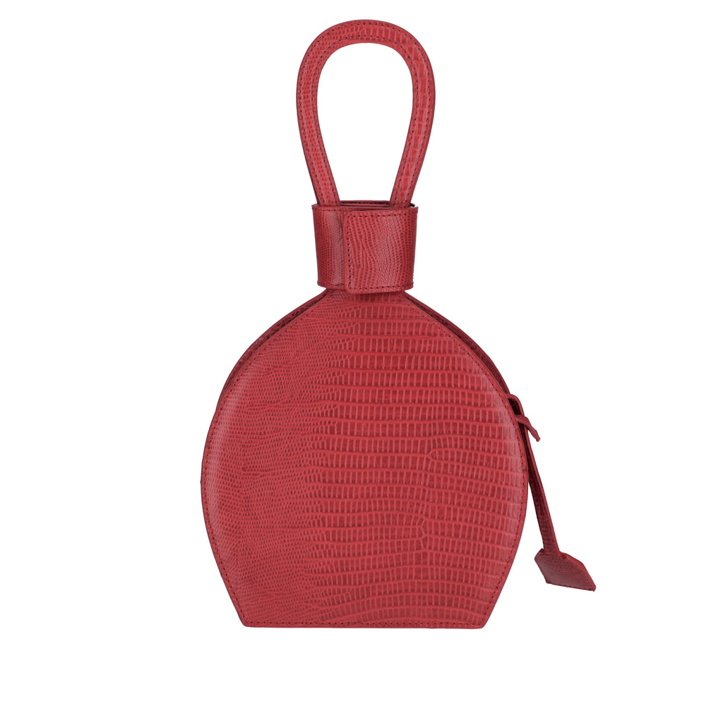 A party bag with ethical leather, ATENA ROSSO LIZARD PURSE-SLING BAG, a hot red bag, hot red purse, with lizard look from MDLR
